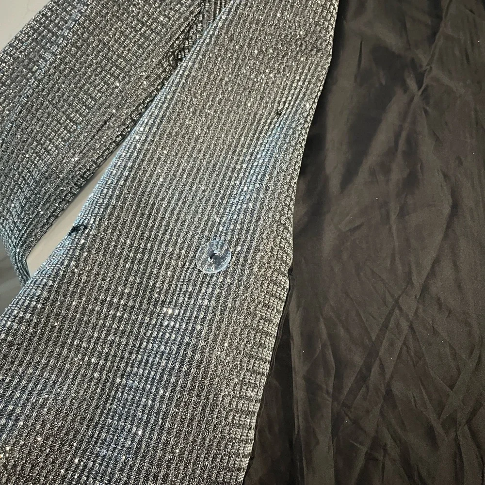 NWOT Sans Souci Silver Glitter Suit Set Blazer Pants Party NYE Medium